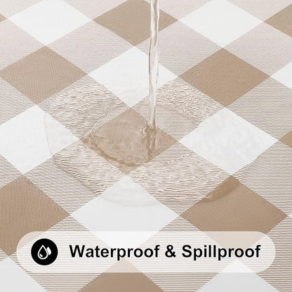 Smiry Rectangle Picnic Table Cloth, Elastic Waterproof Fitted Vinyl Tablecloths, Flannel Backed Buffalo Plaid Table Covers for Dining, Camping, Outdoor (White and Khaki, 30" x 60")