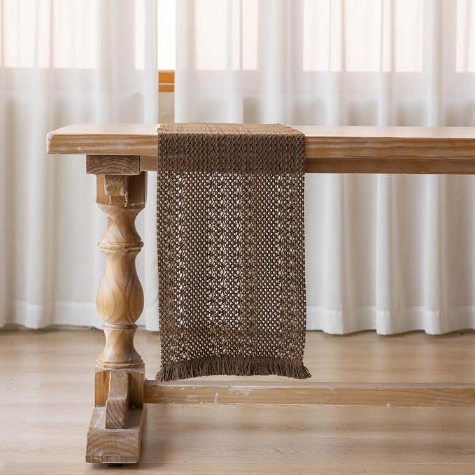 Fall Thanksgiving Boho Macrame Brown Table Runner 13x90 Inch | Woven Burlap - Image 7