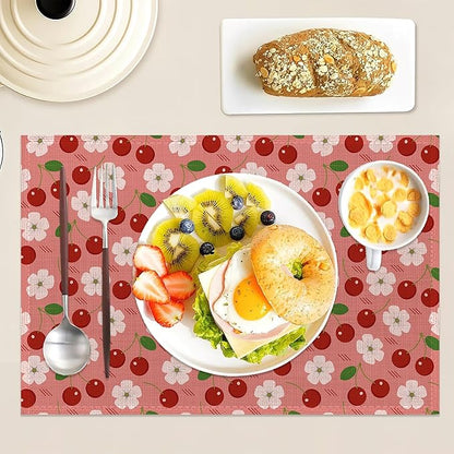 Cherry Berry Flowers Placemats Set of 6 Linen Washable, Heat-Resistant 12x18 Inch Table Place Mats for Kitchen Dining for Home Party Holidays