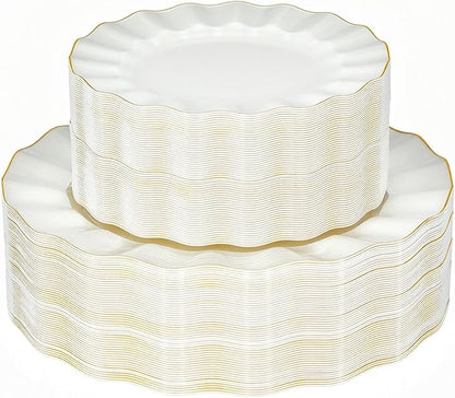 120PCS Ivory White Plastic Plates, Heavy Duty Disposable Party Plate with Gold Rim, Fancy 60 Dinner & 60 Dessert Plates for Parties and Wedding