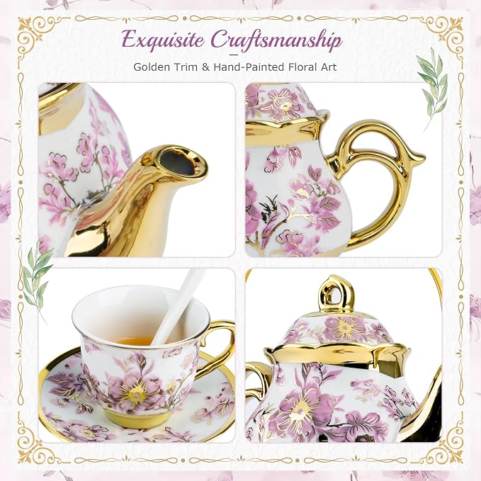 20Pcs Porcelain Tea Set with Metal Holder and Spoon, Floral Adult Tea Sets with - Image 4
