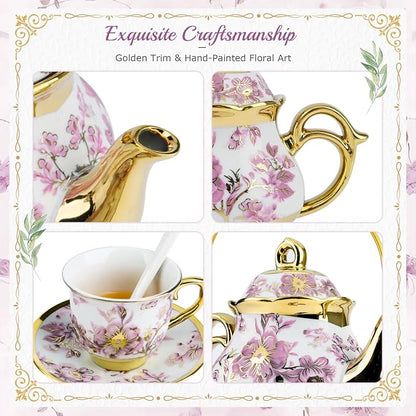 20Pcs Porcelain Tea Set with Metal Holder and Spoon, Floral Adult Tea Sets with - Image 4