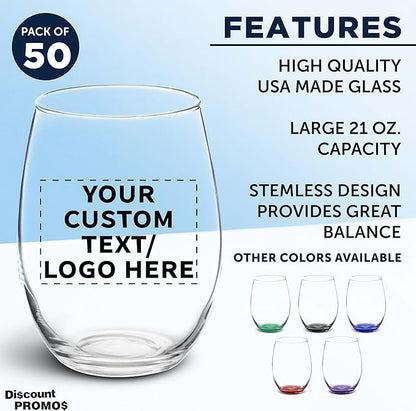 DISCOUNT PROMOS 50 ARC Stemless Wine Glasses Set, 21 oz. - Customizable Text, Logo - Chardonnay, Cabernet, Merlot, Sauvignon - Clear