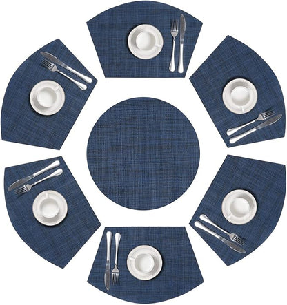 SHACOS Round Table Placemats Set of 7 Woven Vinyl Wedge Placemat with Centerpiece Mat Heat Resistant Place Mats Round Table Mats Wipe Clean (7, Blue Black)