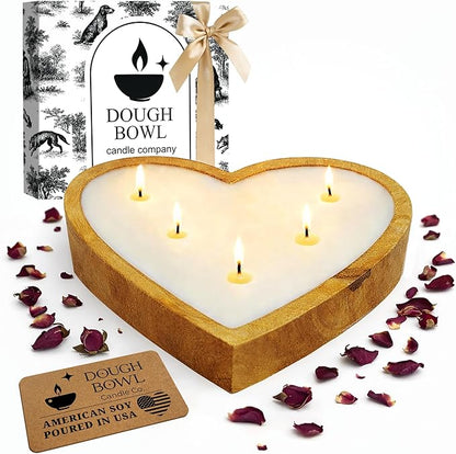 Dough Bowl Candle Co. Rose Candle - 10x10x2 Large Heart Shaped Scented Soy Candles for Women, Valentines Day Decor Gifts for Home, 5 Wick White Decorative Natural Aromatherapy, 30 Hour Burn Time