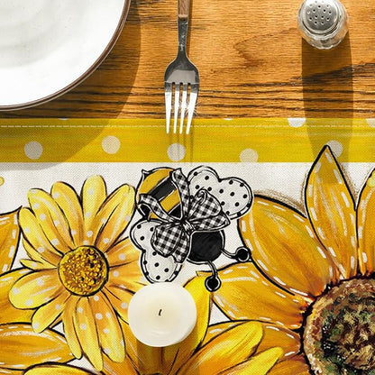 Artoid Mode Sunflower Bee Flower Polka Dot Summer Table Runner, Seasonal - Image 7