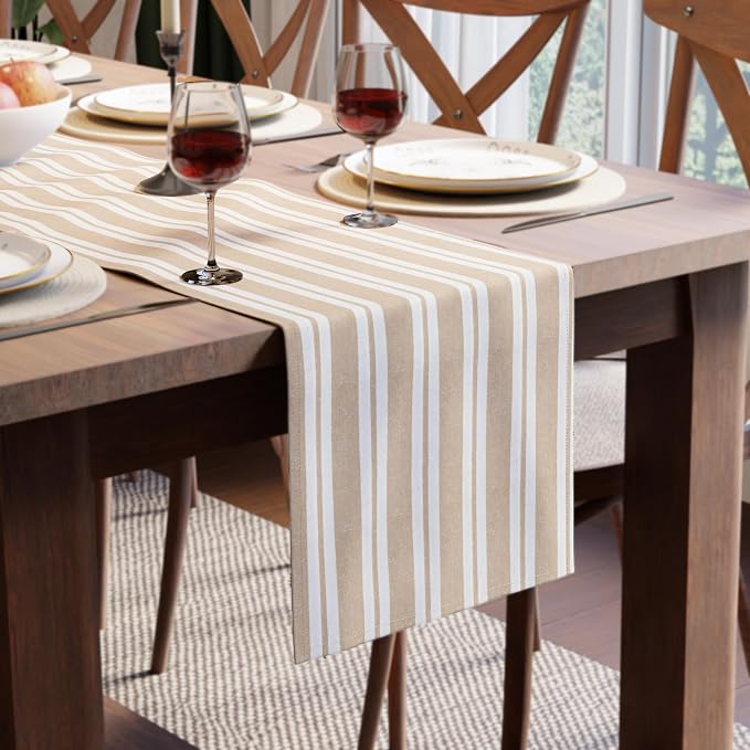 Encasa XO Table Runner, Woven Cotton Dining Runner 13"x72" Franca Beige Stripes by EncasaXO