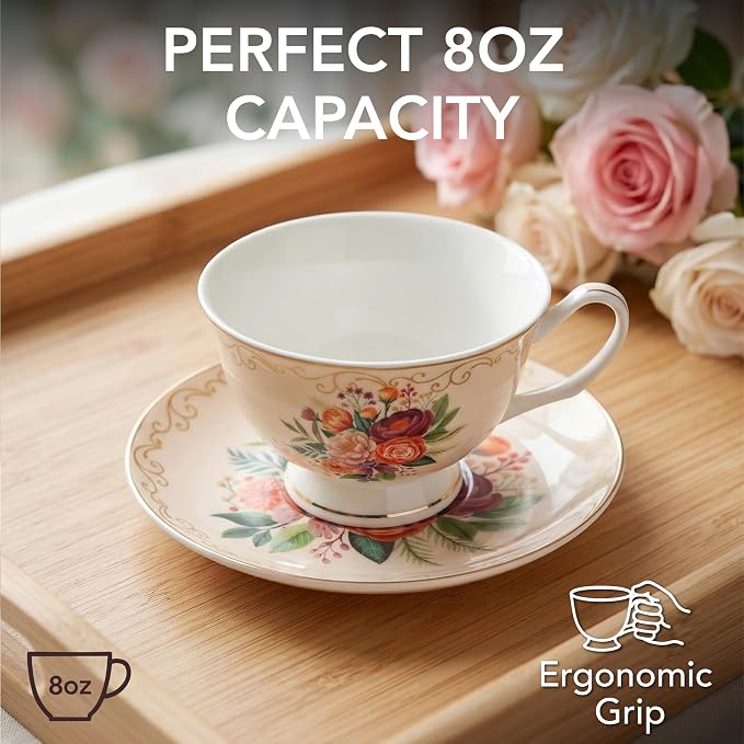 BTaT- Floral Tea Cups and Saucers, 8 oz, Fine Porcelain Teacup Set - Image 4