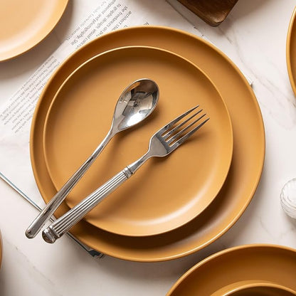 12-Piece Stoneware Dinnerware Set with Mugs | Microwave and Dishwasher Friendly | Stackable Matte Glaze Plates & Bowls | Service for 3 (Orange for 4)