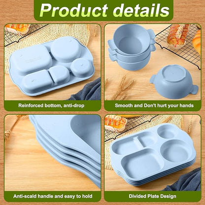 Tanlade 24 Pcs Wheat Straw Dinnerware Cutlery Sets, Divided Plates Unbreakable Bowl Microwave Dishwasher Safe Tableware Cutlery Spoon Knife Fork Cup(Blue)