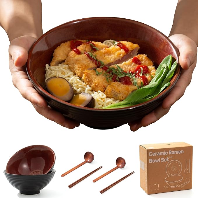 8 Inch Ceramic Ramen Bowl Set of 2, 40oz Japanese Bowls - Image 3