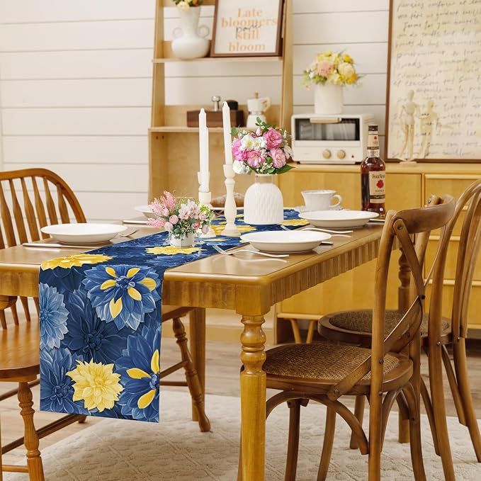Blue Yellow Dahlia Flower Summer Table Runner Blue Yellow Gray Burlap Table - Image 5