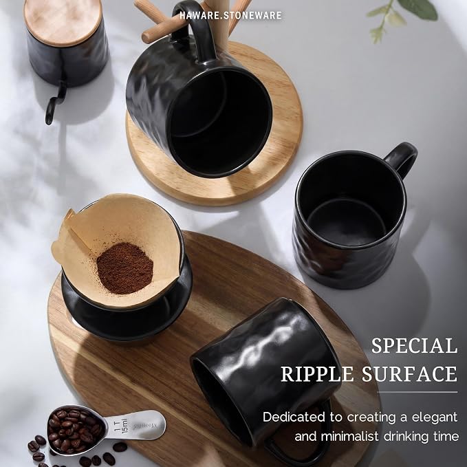 HaWare Coffee Mugs Set of 4, 14 Ounce, Matte Black | Stoneware Latte Cups - Image 5
