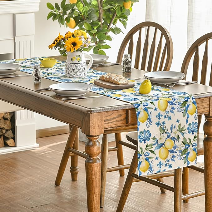 Artoid Mode Blue Lemon Iris Summer Table Runner, Seasonal Spring Kitchen Dining - Image 4