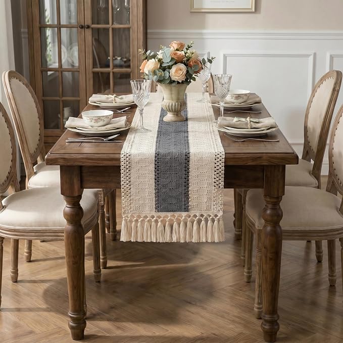 Boho Macrame Table Runner with Tassels 48in Grey Farmhouse Runner | Macrame - Image 4