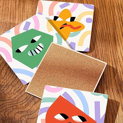 MAYCARI Cartoon Funny Grimace Face Coasters Set of 6 Cork Backed Cute Coasters with Metal Holder Original Ceramic Surface Drink Cup Mats for Tabletop Protection Modern Desk Decoration Birthday Gifts