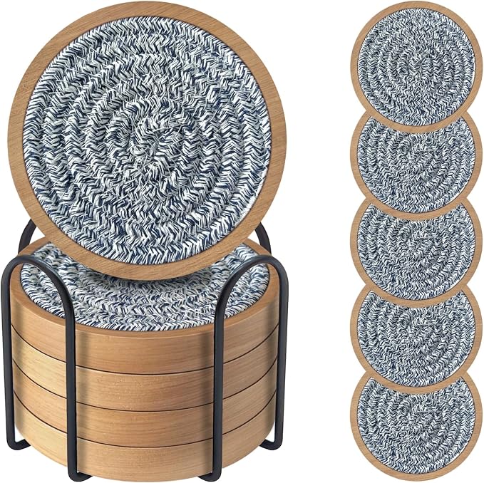 Wood Coasters for Drinks, Eykao Absorbent Coaster Sets of 5, Woven Drink by Eykao