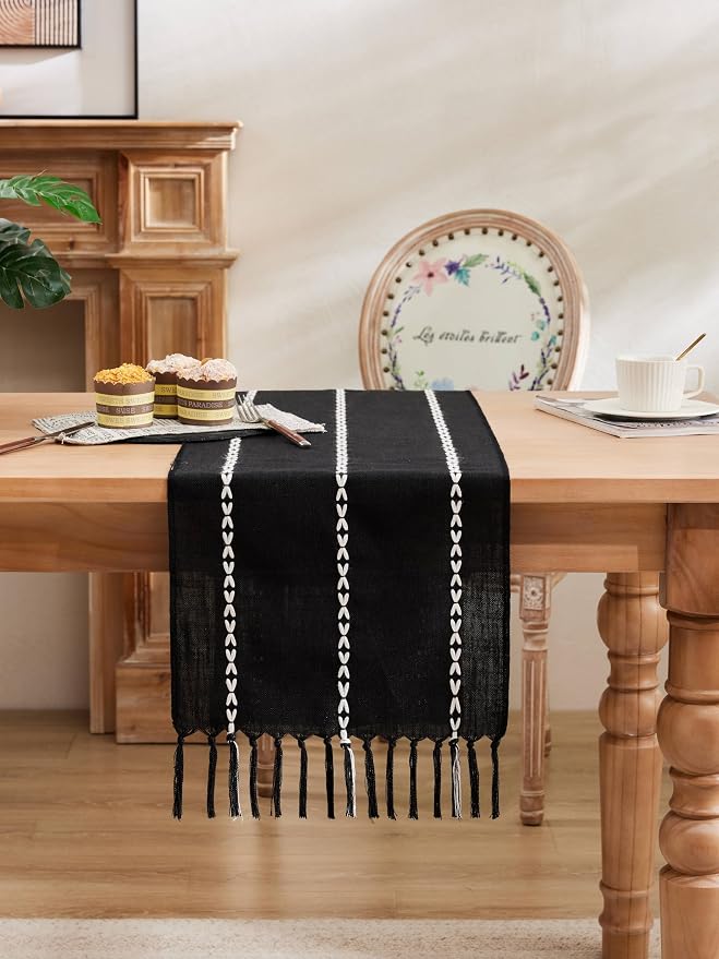Braided Farmhouse Table Runner, Braided Black 13x90 Inch, Cotton Linen Table - Image 2