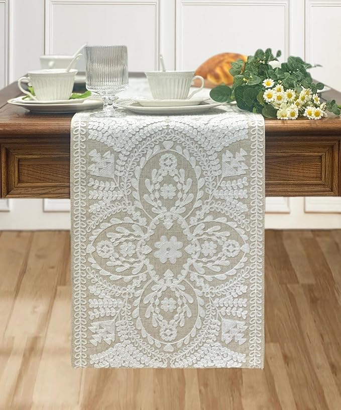 KEVA Boho Table Runner 91inches Long, Farmhouse Rustic Vintage White - Image 2