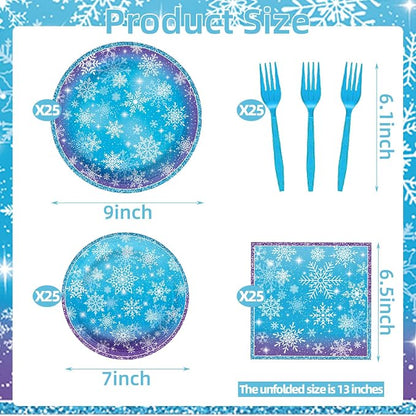 100 Pcs Snowflake Winterland Tableware Party Supplies Set, Serves 25 – - Image 2