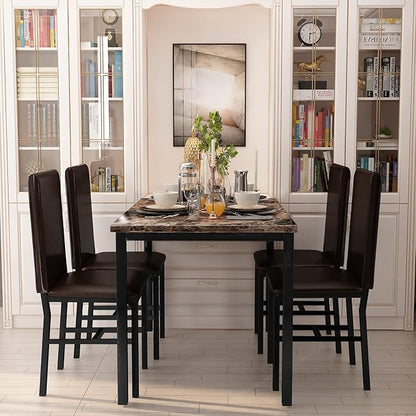 AWQM 5 Piece Dining Table Set for 4,Faux Marble Kitchen Table and Chairs for 4, Modern Dining Room Table with 4 Chairs,Dinner Table Set for Small Spaces, Brown