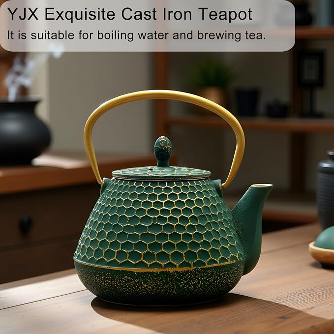 YJX Cast Iron Teapot and Tea Cups Set, 33.8oz Hexagon Pattern Tea Set - Image 9
