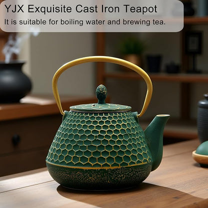 YJX Cast Iron Teapot and Tea Cups Set, 33.8oz Hexagon Pattern Tea Set - Image 9