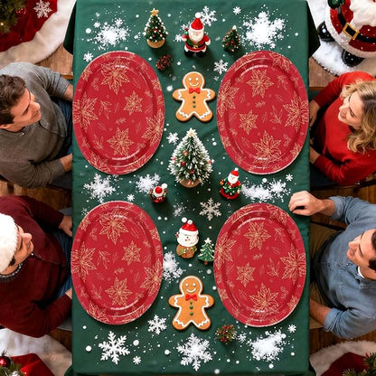 50Pcs Christmas Oval Paper Plates 10" x 12" Large Disposable Heavy Duty Red Gold Flower Poinsettia Paper Platters Xmas Poinsettia Themed Dessert Plates for Christmas Winter Holiday Party Supplies