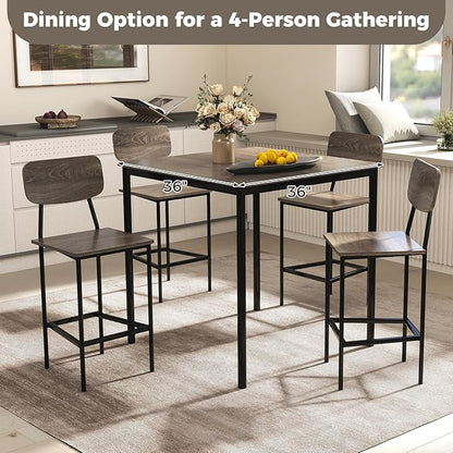 COSTWAY Dining Table Set for 4, 5-Piece Square Kitchen Nook Dinette Set with 4 Bar Stools with Footrest, Backrest, Space-Saving Design, Industrial Kitchen Table and Chairs for Apartment, Grey