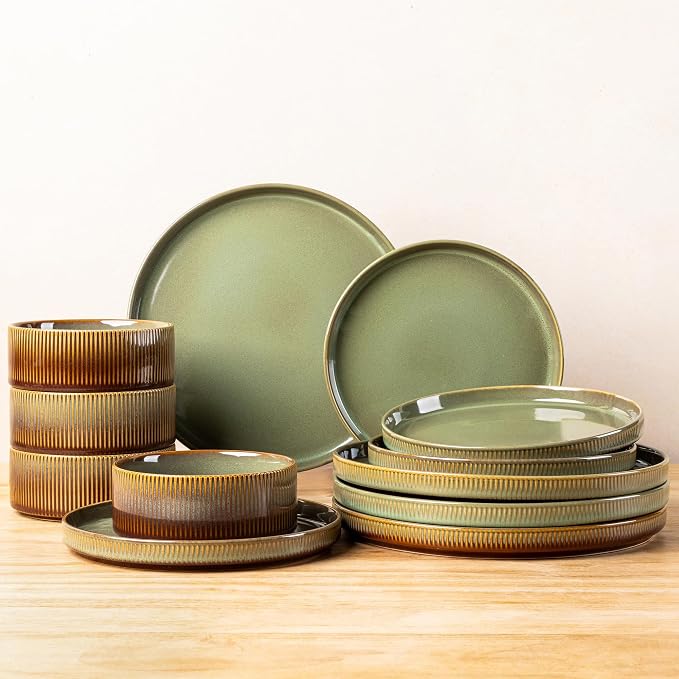 Ceramic Dinnerware Set for 4, 12-Piece Plates and Bowls Set | Lightweight - Image 9