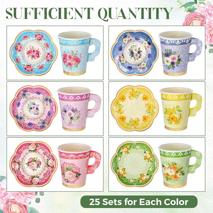 Nuogo 300 Pcs Floral Paper Tea Cups and Saucers 9 OZ Disposable Cups - Image 3