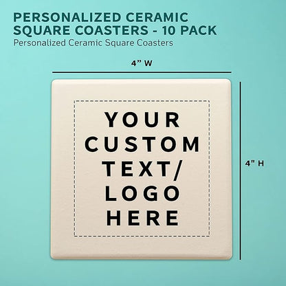 10 4" Square Ceramic Coasters Set - Customizable Text, Logo - Cork Bottom, Serve Ware - Natural