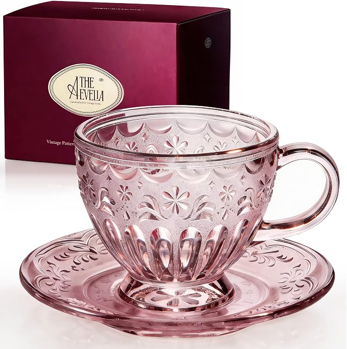 Vintage Glass Tea Cup and Saucer Set, 12 oz Large Coffee Cup | Handcrafted by Unknown