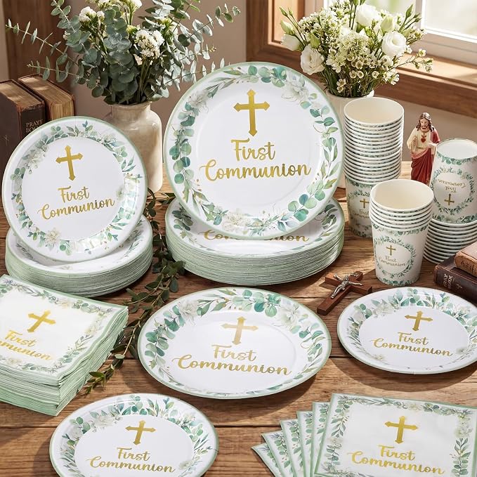 Pickmesh 250 Pcs Green First Holy Communion Disposable Tableware Set God Bless - Image 6