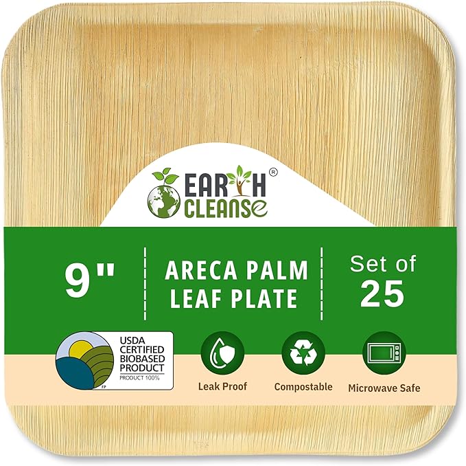 Compostable Palm Leaf Plates 9 Inch Square (25 Pack) | Disposable Biodegradable Plates Like Bamboo & Wooden | Microwave & Oven Safe | Eco-Friendly