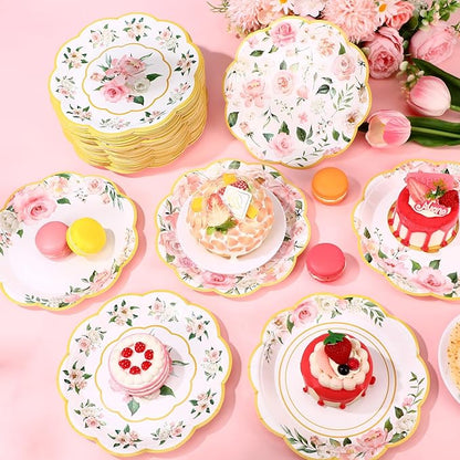 Umigy 120 Pcs Summer Pink Floral Paper Plates 7 Inch Floral Party Decoration Plates, Summer Wild Flower Disposable Decorative Tableware for Birthday Wedding Baby Shower Tea Party Bridal Shower
