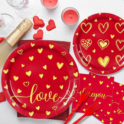 96 Pieces Valentine’s Day Love Tableware Set – Red and Gold Heart Disposable - Image 4