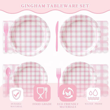 Vyntra 175 Pcs Pink & White Checkered Gingham Paper Plates and Napkins Set - Image 3