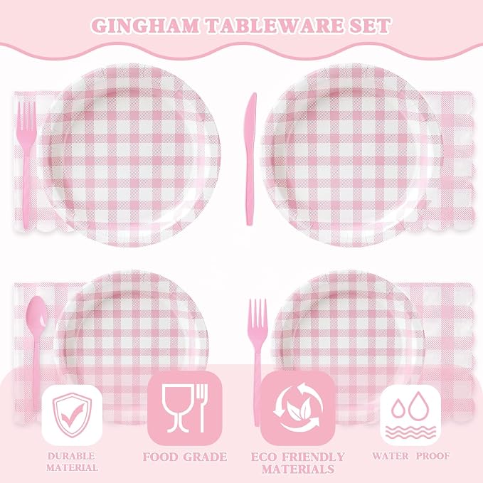 Vyntra 350 Pcs Pink Gingham Paper Plates and Napkins Set - Image 6
