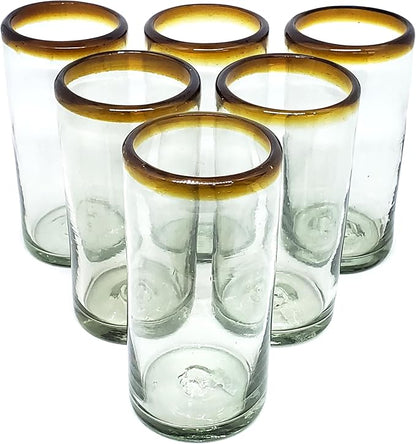 Amber Rim 20 oz Tall Iced Tea Glasses (set of 6) Mexican Handmade Glassware, Recycled Glass, Lead-free, Toxin-Free (Tall Iced Tea)