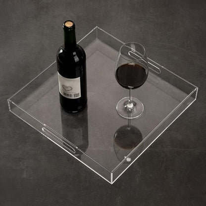 Clear Sturdy Acrylic Serving Tray with Handles - 14x14Inch - Coffee, Appetizer, Breakfast, Butler Tray - Kitchen Countertop & Makeup Drawer Organizer
