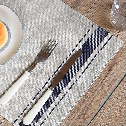 DACHUI Placemats Set of 8, Soft & Elegant Woven Vinyl Place Mats, Water Resistant, Heat Resistant, Washable, Durable Table Mats (Blue Stripes)