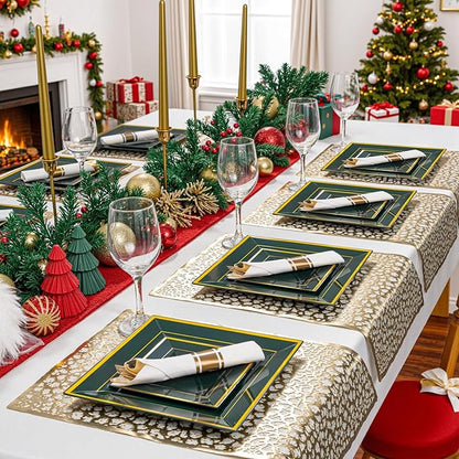 Liacere 100PCS Green and Gold Square Plastic Plates-50PCS Heavy Duty 9.5inch Disposable Dinner Plates and 50PCS 6inch Green Dessert Plate - Gold Plastic Plate for Party&Wedding&Christmas
