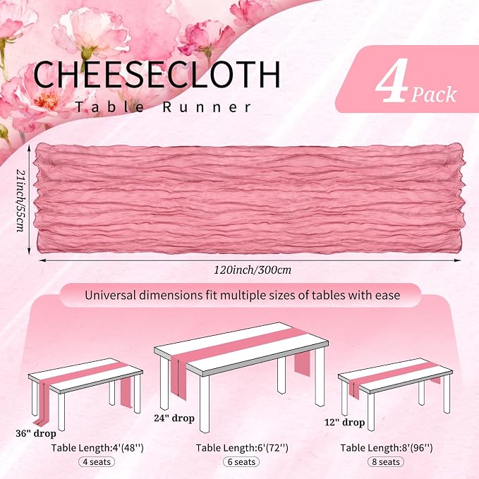 4 Pack Cheesecloth Table Runner 10FT Dusty Rose Table Runner Boho Gauze Cheese - Image 2