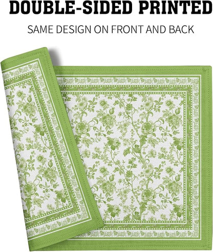 Green Floral Placemats Set of 4 Chinoiserie Boho Flowers Linen Fabric Rectangle Table Mat 12x18 Inch Washable Heat Resistant Outdoor Seasonal for Kitchen and Dining Table Decor