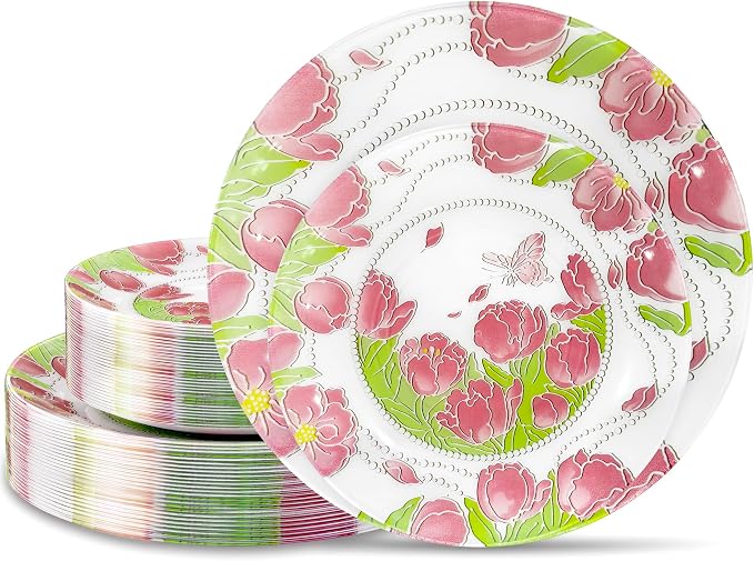 60 Pcs Disposable Plates, Pearl Trim | Elegant pink tulip & butterfly pattern by Hioasis