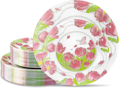 60 Pcs Disposable Plates, Pearl Trim | Elegant pink tulip & butterfly pattern by Hioasis