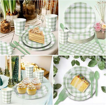 Vyntra 350 Pcs Sage Green Gingham Paper Plates and Napkins Set - Image 3