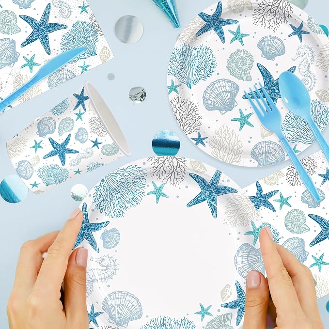 168pcs Coastal Beach Paper Plate Napkin Seashell Party Supplies Serve 24 | Blue - Image 4