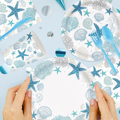 168pcs Coastal Beach Paper Plate Napkin Seashell Party Supplies Serve 24 | Blue - Image 4